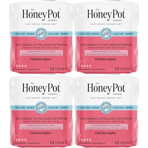 The Honey Pot Company - 48ct - Herbal Postpartum Pads w/Wings - Infused w/Essential Oils for Cooling Effect, Organic Cotton Cover, & Ultra-Absorbent - Feminine Care