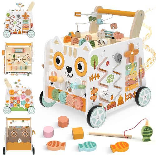 Weilim Wooden Baby Push Walker with Activity Center, Montessori Toy 12M+ | 16-in-1 Bead Maze Shape Sorter Xylophone, Height Adjustable, Non-Slip Wheels, BPA-Free Wood, Toddler Gift for Boys Girls