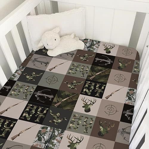 Hunting Patchwork Baby Crib Sheets for Boys Camouflage Deer Duck Hunt Soft Snug Fitted Crib Mattress Covers for 52''x28'' Standard Crib & Toddler Mattress Boy Men Hunting Lovers Gift Bed Sheets