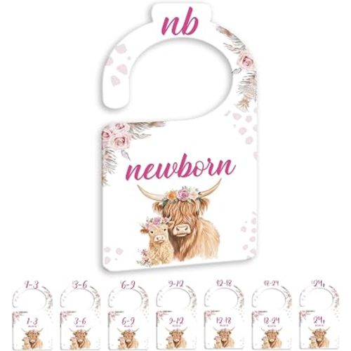 JMOST Hightland Cow Baby Closet Dividers for Nursery Closet Organizer, Newborn to 24 Months Size Clothes, Boho Hangers with Size Dividers, Double Sided