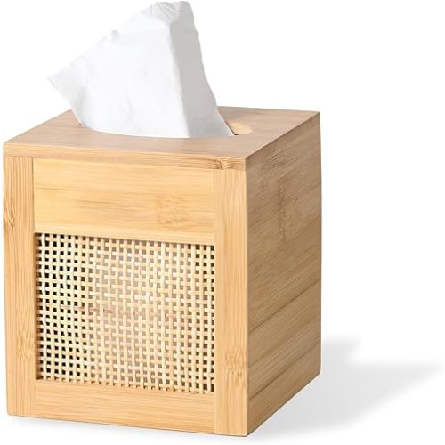 Square Bamboo Tissue Box Cover, Natural Rattan Tissue Holder with Magnets for Kitchen, Bathroom, Living Room, Bedroom, or Office
