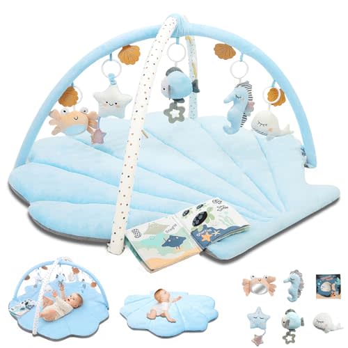 Baby Play Gym Mat, Oversize Tummy Time Activity Mat for Babies 0-6 Months, Shells Baby Play Mat with 6 Detachable Toys, Baby Essentials Mat for Floor Sensory Exploration Motor Skill Development (Blue)