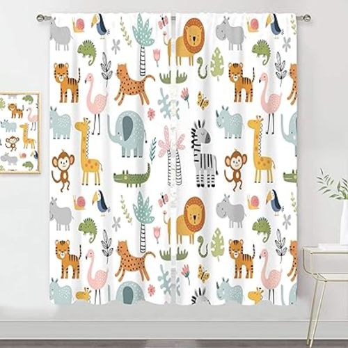 MESHELLY Kids Safari Animal Curtains 42Wx63H Inch Rod Pocket Nursery Baby Boy Bedroom Decor Cartoon Lion Jungle Woodland Wildlife Toddler Girl Children Living Room Window Drapes Fabric