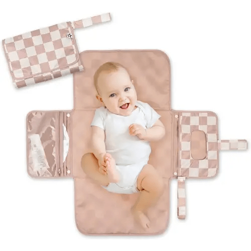 Tiny Twinkle Portable Diaper Changing Pad - Foldable Waterproof Diaper Changing Mat for Travel, Baby Changing Station with Smart Wipes Pocket & Storage (Beige Checkers)