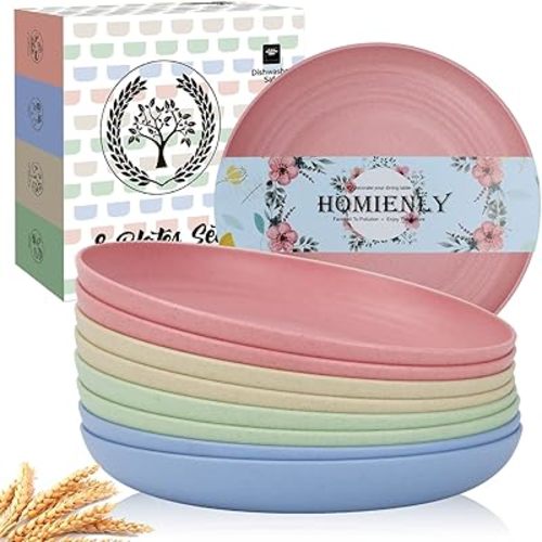 Homienly Deep Dinner Plates Set of 8 Unbreakable Wheat Straw Plates Plastic Reusable Plates for Kitchen, Picnic, RV, Dishwasher and Microwave Safe Plates for Salad, Dessert (Fresh Light, 9 inch)