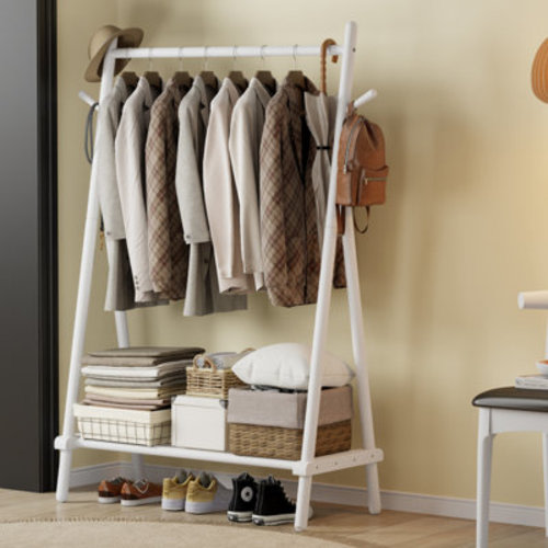 George Oliver Solid Wood Clothing Rack, Freestanding Garment Organizer with Bottom Shelf and Side Hooks & Reviews | Wayfair