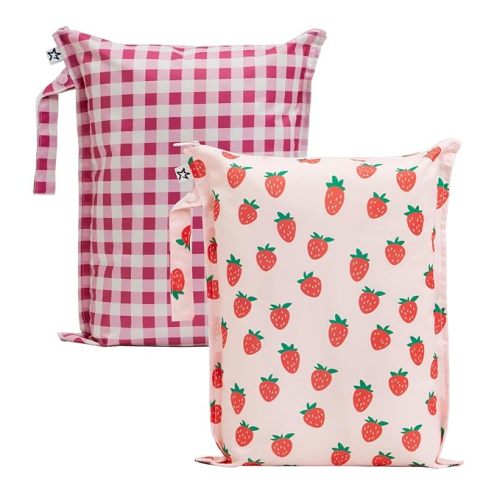 Tiny Twinkle Mess Proof Wet Bags | 2-Pack Reusable Waterproof Wet Bags for Swimsuits | Baby Clothes | Travel & Diaper Bag (Strawberries,Raspberry Gingham)