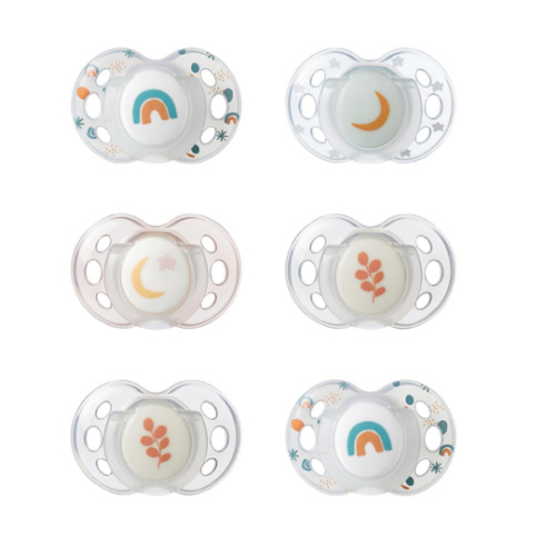 Tommee Tippee Night Time Pacifier, 18-36 Months, Symmetrical Silicone Baglet, BPA-Free Binkies, Glow in The Dark Technology, Green Rainbow, Pack of 6
