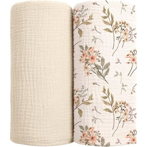 lulumoon Muslin Swaddle Blankets for Baby: Soft Cotton Newborn Receiving Blankets - Floral Print Nursery Gift Set for Baby Girls(White Flower)