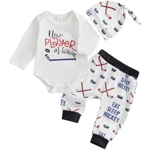 3Pcs Newborn Baby Boy Hockey Outfit Letter Long Sleeve Romper Shirt Pants Set +Hat Coming Home Outfit Fall Clothes