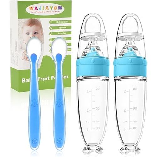 Baby Food Feeder 4 Pack Silicone Baby Food Dispensing Spoon-3 oz Squeeze Feeding Spoons with Suction Cup for Boys Girl Kids Toddlers - Self Feeding Bottle Spoon-Sky Blue