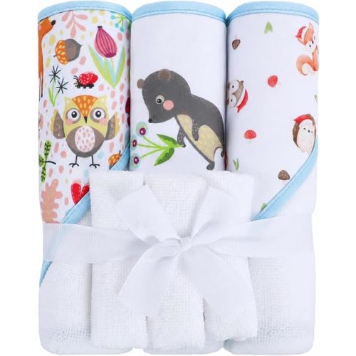 Viviland 6 Pcs Hooded Baby Towels and Washcloths Set, Super Gentle Bath Towels for Newborn Face & Body, Absorbent Wash Cloth for Infants Boys, Forest Animals Pattern, 28 x 28 inch