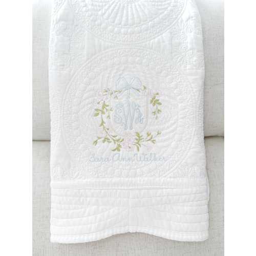 Personalized Embroidered Heirloom Quilt | Elegant Floral Crest | Baby Shower Gift | Monogrammed Baby Blanket | Newborn Girl Gift
