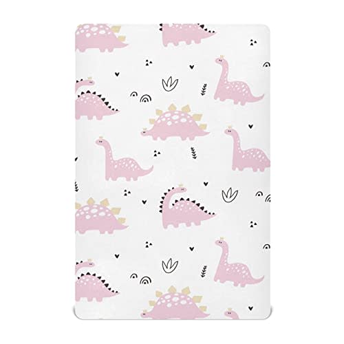 Fitted Crib Sheets Baby Pink Dinosaurs Stretchy Portable Playard Sheets for Baby Toddler, Breathable Soft Mini Crib Mattress 52 x 28 in for Boys and Girls