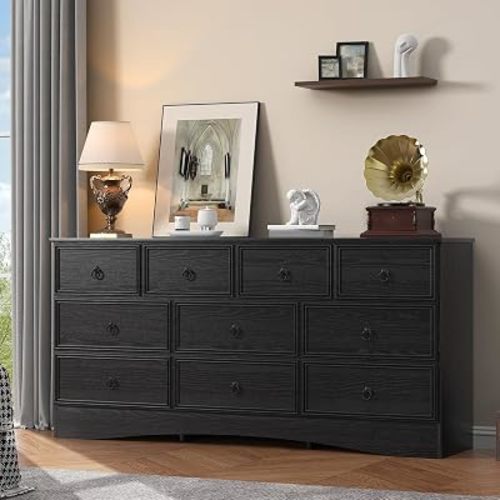 VVFLU 63”W Dressers for Bedroom, Black Dresser with 10 Deep Drawer, Long Dressers & Chests of Drawers for Clothes, Easy Pulls Handle, Textured Borders, for Living Room, Hallway, Black