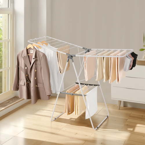KFFKFF Foldable 2-Tier Clothes Drying Rack, Laundry Rack with Adjustable Height, Sock Clips & 21 Rods, Free-Standing Drying Rack for Indoor and Outdoor Use, White