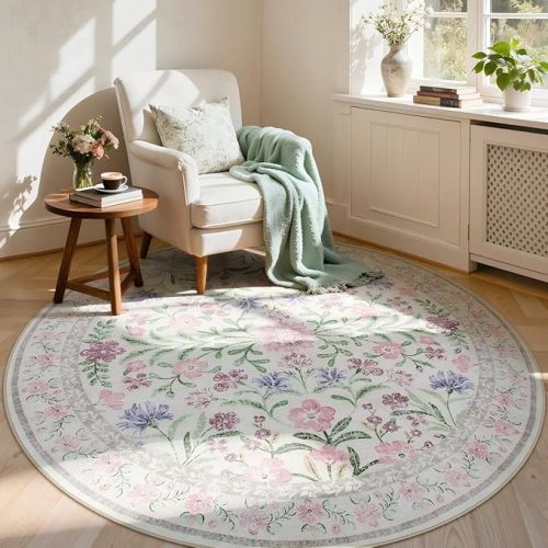 Lahome Sylvie Purple 6 ft Circle Rug Washable, Floral Accent Round Rug for Girls Bedroom Decor, Non-Slip Accent Circular Carpet for Nursery Calm Corner Seating Area