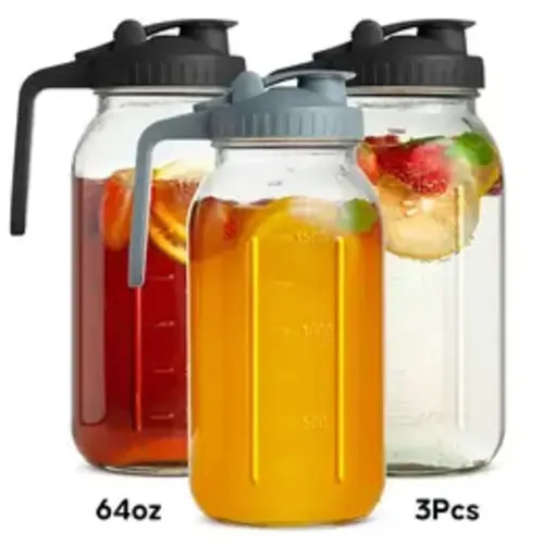 3PCS glass water kettle 64OZ, Mason jar water, lid spout, wide mouthed leak proof water kettle, cold water kettle, suitable for storing breast milk juice, water, milk, tea, iced coffee beverage set scale Tumbler with and Straws Fall Themed oak sip,su - Ti