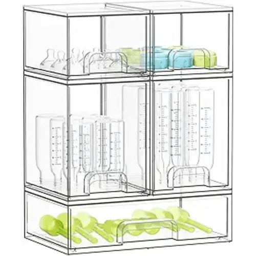 SpaceAid Bottle Storage Organizer Baby - Acrylic Bottles Station Organizer Container, Stackable Clear Drawers for Countertop, Vanity, Bathroom, Cabinet, Pantry Organization, 5 Pack, 2S2M1L, 15.4" H