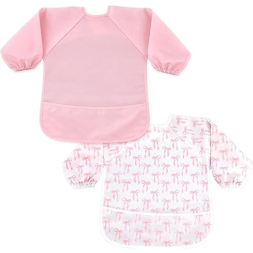 2 Pack Long Sleeve Baby Bib with Pink Bow Print Waterproof & Easy Wipe Smock Bib Coverall Baby Feeding Bibs for Eating, Mess-Proof Feeding Essentials, Newborn Shower Gift (6-24 M)