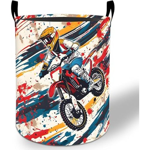 Dirt Bike Laundry Basket Hamper 19.7"x15.8", Motocross Sport Foldable Waterproof Oxford Clothes Storage Bucket for Room Bathroom Bedroom Nursery Decor, Toy Organizer Bins Gifts for Kids Boys Girls