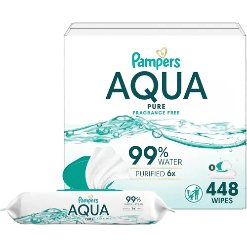 Pampers Aqua Pure Baby Wipes, 99% Water, Fragrance Free, 448 Baby Wipes Total (8X Flip-Top Packs) [Packaging May Vary]