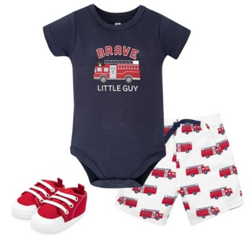 Hudson Baby Boy Cotton Bodysuit, Shorts and Shoe Set, Brave Firetruck, 9-12 Months