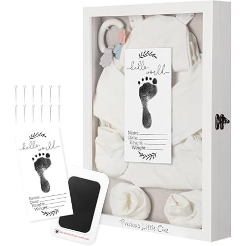 Jetec Baby Shadow Box 12x16 Large White Baby Keepsake Box with Linen Back Hello World Newborn Sign Ink Pad Wood Memory Frame Case with Glass Cover Baptism Gift for Gender Reveal New Dad Mom Keepsake