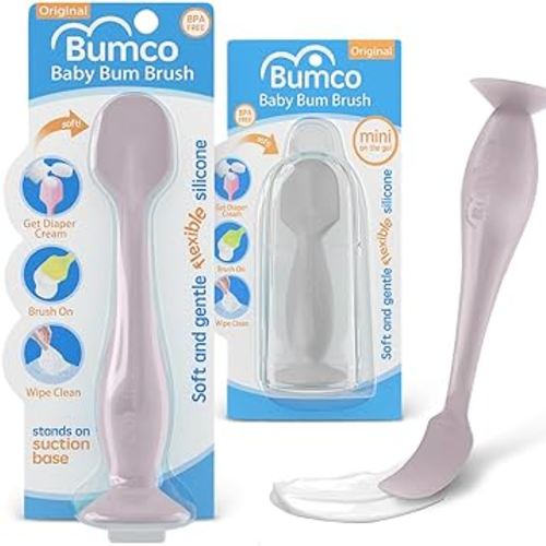 Bumco Baby Bum Brush + Mini Baby Diaper Cream Spatula with Case - BPA-Free Silicone Diaper Spatula with Suction Cup, Wipe-Clean, Mom-Invented Butt Paste Applicator (Lavender& Gray)