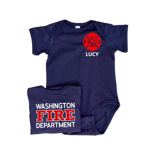 Personalized Firefighter Baby Bodysuit with Maltese Cross - Custom Name Front & Optional Back