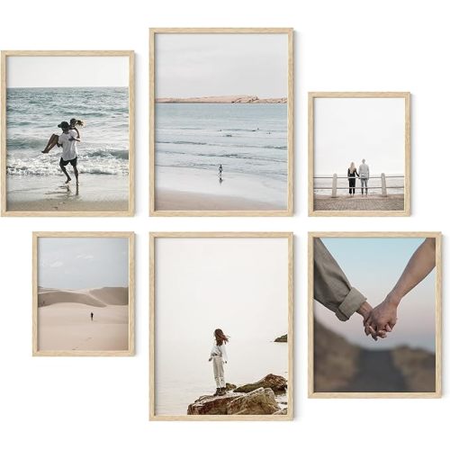 HAUS AND HUES Natural Wood Picture Frames - Set of 6 Frame Sets for Wall Collage, Gallery Wall Frame Set Assorted, Picture Frame Sets for Wall Collage (Two 8x10, Two 11x14, Two 12x16 Beige Frame)