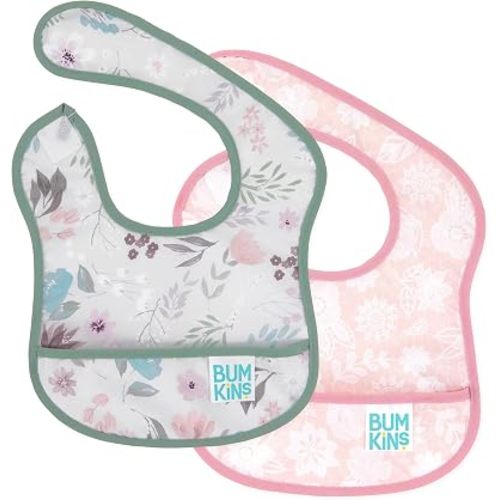 Bumkins Bibs, for Baby Girl or Boy, Infant 3-9 Months, Essential Must Have for Eating, Feeding, Baby Led Weaning, Mess Saving Waterproof Soft Fabric, Starter Bib 2-pk Floral and Lace Gray and Pink