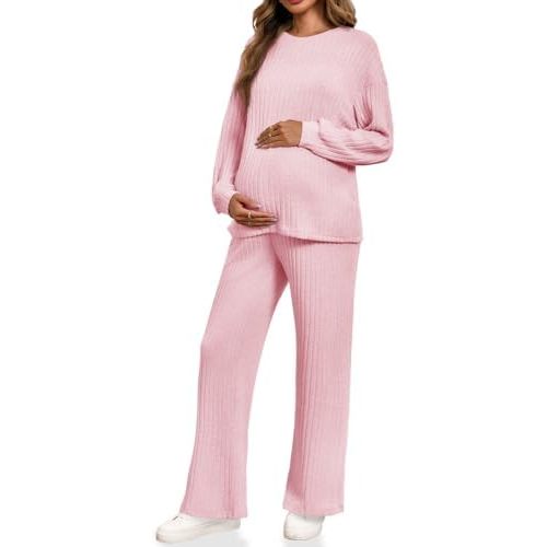 Yousify Womens Maternity Pajamas Sets 2 Piece Outfits Ribbed Knit Long Sleeve Tops Pants Loungewear Mama Clothes