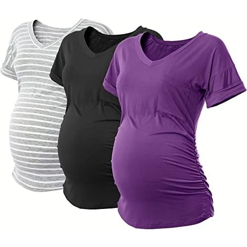 SUNNYBUY 3 Pack Womens Maternity Tops Side Ruched Maternity Shirts Pregnancy Clothes V Neck