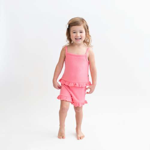 Ribbed Ruffle Tank Set in Guava