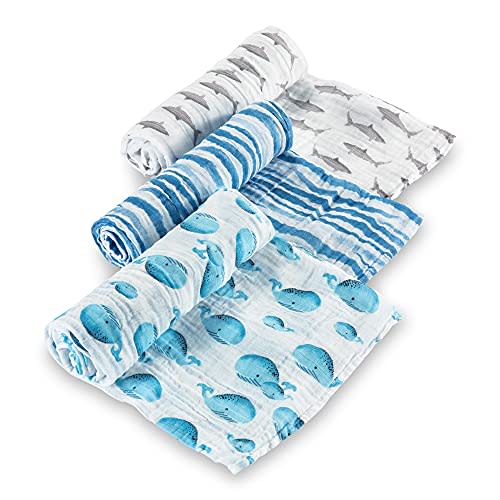 LollyBanks Muslin Swaddle Blankets, 100% Organic Cotton Swaddle Blanket | 3 Pack, 47" x 47", Soft Receiving Blanket for Newborn Boys, Stroller & Travel (Ocean Shark and Whale Print)
