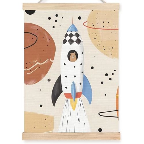 FDHSPAAM Astronaut Bear Rocket Kids Wall Art Decor, Space Nursery Decor, Boho Outer Space Cute Bear Wall Art Posters for Nursery Home Kids Boys Bedroom Playroom, 12x16 Inch