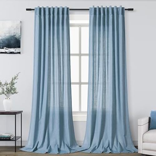 Blue Linen Curtains 96 inches Long for Bedroom Back Tab Light Filtering Privacy Sheer Curtains Modern Farmhouse Coastal Decor Dusty Blue Cotton Textured Gauze Curtain 2 Panel Set 52x96