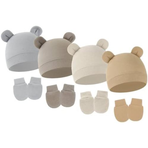 4 Pack Newborn Hats Mittens Set Bear Ears Preemie Hat Infant Hospital Mitten for Baby Boy Girl 0-6 Months