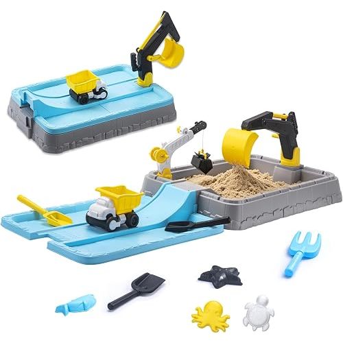 VROGTIK Kids Excavator Sandbox with Cover, Construction Sandbox Set with Beach Toys & Dump Truck, Outdoor Educational Play Set for Toddlers Ages 3-12