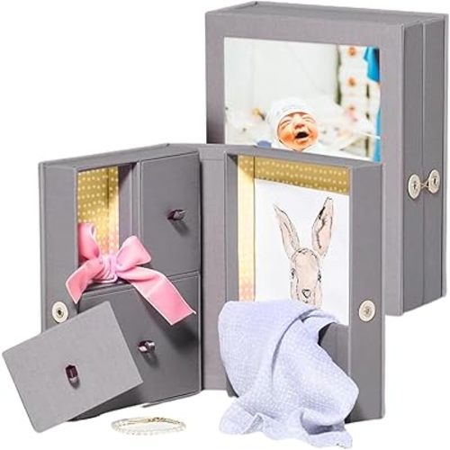 Savor Small Baby Story Box Fabric Photo Frame with Keepsake Box for Newborn Picture, First Tooth, Hospital Bracelet, Sonogram, New Baby Announcement Gift