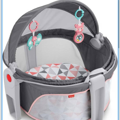 Fisher-Price Portable Bassinet On-The-Go Baby Dome, Travel Play Space with Developmental Newborn Toys & Canopy, Rosy Windmill