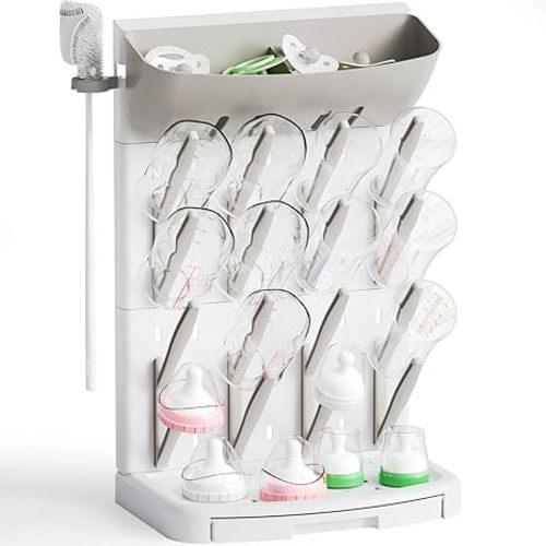 SuoXing Vertical Baby Bottle Drying Rack with Brush- Hold 16 Bottles - Large Breast Pump,Bottle Dryer Rack for Kitchen Countertop,Space Saving Bottle Stand Holder for Pacifiers,Pump Accessories,Grey
