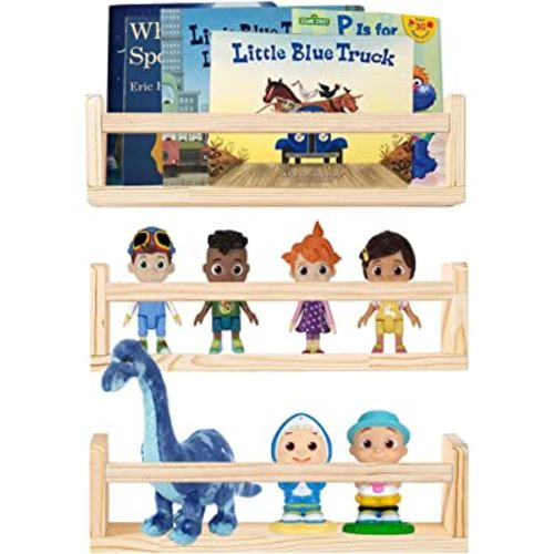 AZSKY Nursery Book Shelves Natural Wood Wall Mounted, Floating Bookshelf for Kids Room, Toys and Books Storage Organizer Bookshelves for Toddler Child Bedroom Bathroom