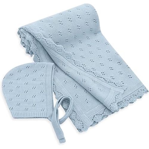 LifeTree Knit Baby Blanket & Hat, 100% Cotton Soft Swaddle & Receiving Blanket for Toddler, Lightweight & Breathable Newborn Blanket Unisex for Crib, Stroller, 31X40 Inches, Shower Registry Gift, Blue