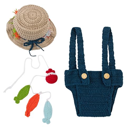 Newborn Photography Props Baby Boy Girl Fishing Outfit | Crochet Fisherman Hat, Overalls & Fish Outfits for Newborn Photoshoot
