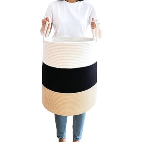 Maxona Laundry Basket with Handles White, Black, Beige Color 58L: 1 pack 15’’x20’’ Large Woven Cotton Rope Tall Nursery Hamper Storage Bag for Dirty Clothes Blanket Baby Kids Toy Living Room Towel Bin