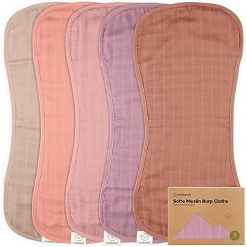 5-Pack Muslin Burp Cloths Baby Boy, Girl - Very Absorbent Baby Burp Cloth Rags, 8-Layers Viscose Derived from Bamboo Cotton Muslin Towel, Super Soft Spit Up Rags, No Shrink Washcloths (Mauve)