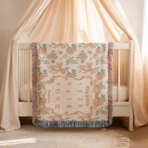 Personalized Baby Girl Milestone Blanket Custom Floral Bow Monthly Blanket With Name Coquette Woven Blanket Baby Shower Newborn Keepsake