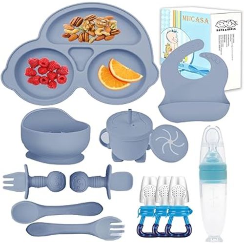 Silicone Baby Feeding Set,Miicasa Baby Led Weaning Supplies Kit With Suction Bowl & Car Plate, Bib, Spoon, Fork, Cup - Food-Grade Silicone, Dishwasher-Safe, No BPAs - For 3+ Months